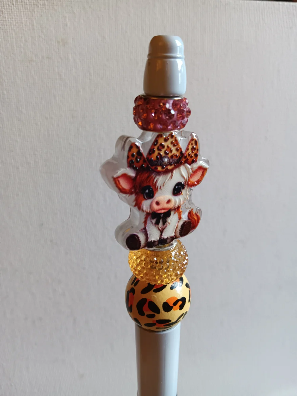 Cute Cow Beaded Pen, White with Pink and Yellow Accents